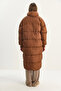 Women's Brown Hidden Hooded Pocket Detailed Long Lined Puffer Coat 4044 60283683 - 8
