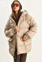 Women's Beige Hooded Oversize Bat Sleeve Puffer Coat 60283686 - 3