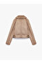 Double-Breasted Lapel Long Sleeve Zipper Pocket Faux Fur Collar Crop Faux Suede Jacket - 5
