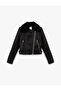 Double-Breasted Lapel Long Sleeve Zipper Pocket Faux Fur Collar Crop Faux Suede Jacket - 3