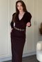 Detachable Gold Belted Padded Long Sleeve Degaje Collar Midi Brown Dress - 7