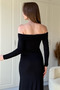 Off-The-Shoulder Midi Black Dress with Gold Accessories and Waist Detail - 5