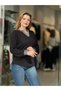Women's Black V-Neck Viscose Blouse with Glitter Detail on Neck and Sleeves - 4