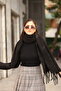 Women's Black Soft Textured Knitted Tassel Scarf (190X50 cm) - 7