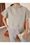 Women's Gray Melange Moon Sleeve Hooded Relaxed Fit Knitted Crop Sweatshirt - 4