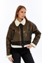 Women's Fur Buckle Green Short Crop Coat - 4
