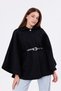 Women's Black Boucle Fabric Buckle Waist Detailed Stylish Poncho – Warm and Trendy Winter Outerwear - 4
