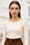 Women's Beige Boat Neck Long Sleeve Blouse - 2