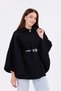 Women's Black Boucle Fabric Buckle Waist Detailed Stylish Poncho – Warm and Trendy Winter Outerwear - 5