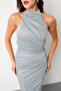 Women's Mint Green Halter Neck Slit Glitter Long Evening Dress - 5