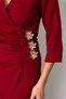 Women's Burgundy Slim Fit Double-Breasted Collar Accessory Detailed Midi Dress - 5