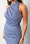 Women's Indigo Halter Neckline Slit Silvery Long Evening Dress - 4