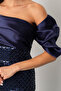 Women's Navy Blue Slim Fit Collar Detail Beaded Long Evening Dress - 4