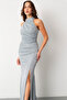 Women's Mint Green Halter Neck Slit Glitter Long Evening Dress - 3