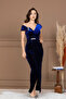 Velvet Stone Detailed Long Evening Dress - Dark Blue - 6