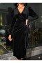 Women's Long Sleeve Double Breasted Collar Side Gathered Midi Velvet Dress