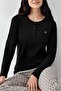 Women's Black Buttoned Long Sleeve Seasonal Pajama Set, 50% Cotton 50% Modal - 3