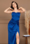 Saten Ruched Detail Strapless Long Evening Dress - Cobalt Blue - 2