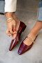 Dennis Burgundy Patent Leather Chain Detailed Flat Women's Ballerinas - 4