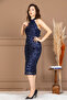 Beaded Halter Neck Tie-Detail Pencil Long Dress - Dark Blue - 5