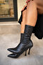 Prino Black Leather Thin Heeled Women's Stretch Boots - 3