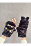 Plush Embroidered Cat Gloves with Open Fingers and Fur Inside - 2