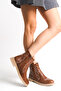 Tan Leather White Embroidered Western Cowboy Flat Women's Boots