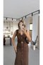 Gold Button Detail Brown Suede Pencil Dress with Belt Accessories - 3