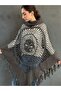 Knitted Tricot Motifed Tasseled High Neck Poncho Shawl - 3