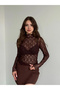 Women's Brown Half Turtleneck Long Sleeve Bodycon Sheer Lace Tulle Bodysuit Blouse - 2