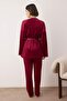 Bordo 3'lü Çeyiz Seti Dantel Detaylı Kadife Örme Sabahlık+Pijama Takımı THMAW26PT00191 - 5