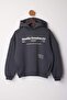 Antrasit Kalın İçi Polarlı Kapüşonlu Slogan Baskılı Boxy Fit Örme Sweatshirt TWOAW26SW00217 - 5