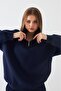 Unisex Oversize Sweatshirt Basic Navy Blue – Half Zipper Stand Collar, 3 Thread Fleece - 6