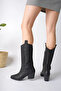 Women's Black Leather Embroidered New Season Cowboy Boots - 3