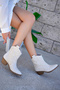 Women's Beige Leather Embroidered Short Heeled Cowboy Boots - 2