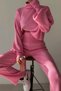 Turtleneck Embroidered Flexible Pink Knitwear Sweater and High Waist Pink Knitwear Trousers Set 015