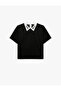 Color Contrast Short Sleeve Shirt Collar Stone Detailed T-Shirt - 4