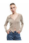 Camisole Lace Detail V Neck Long Sleeve Button Asymmetrical Crop T-Shirt