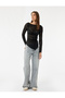 Lace Detailed Long Sleeve Boat Neck Asymmetrical Cut T-Shirt