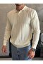 Men's Regular Fit Button Closure Ribbed Knit Sweater Cream Eca048 - 3