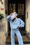Women's Blue Winter Tracksuit Set with Ribbed Inside Bottom and Top Set - 2