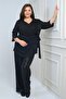 Women's Double-Breasted Polo Neck One-Side Sequin Crepe Chiffon Blouse with Elastic Waist Lined Wide-Leg Pulpayet Pants