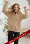 Women's Camel Half Zipper Polo Collar 3 Thread Fleece Ribbed Oversize Sweatshirt - 3