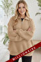 Women's Camel Half Zipper Polo Collar 3 Thread Fleece Ribbed Oversize Sweatshirt - 2
