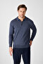 Solin Men's Navy Blue-Melange Italian Ribbed Zippered Cotton Sports Polo Collar - 8