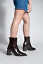 Women's Pointed Toe Back Zipper Heeled Boots Erves Brown Croco - 4