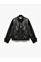 Lined Long Sleeve Stand Collar Zipper Faux Leather Jacket - 4