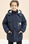 Navy Blue Text Detailed Hooded Coat with Chest Pocket and Fur Inside for Boys 21477 - 7