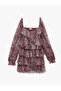 Long Balloon Sleeve V Neck Tiered Ruffle Floral Chiffon Mini Dress - 3