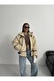 Biker Plush Cream Coat in the Model of a Famous Brand with Artificial Fur - 5